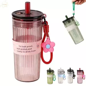 Cốc Rơm Nhựa Mùa Hè AWNGD, Cốc Nước Sinh Viên Chống Rò Rỉ Dung Tích Lớn 650ML, Di Động Có Nắp & Dây Treo Mặt Dây Chuyền Hoa Trong Suốt Cốc Uống Thể Thao Ngoài Trời