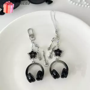Tai nghe GAVESTO Móc khóa âm nhạc, Túi trang trí treo Móc khóa hình tai nghe lấp lánh, Y2K Star Guitar Micro Mặt dây chuyền Tai nghe Móc khóa