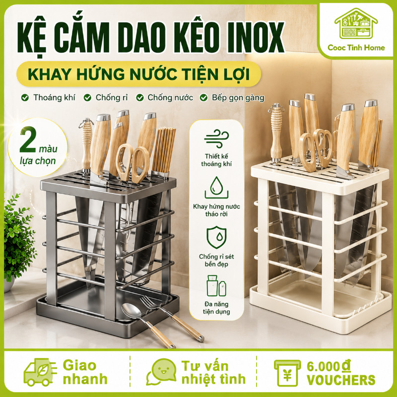 Kệ Cắm Dao Kéo Inox - Khay Hứng Nước, Thiết Kế Thoáng Khí Chống Rỉ, đa Năng Chống Nước Cho Bếp Gọn Gàng