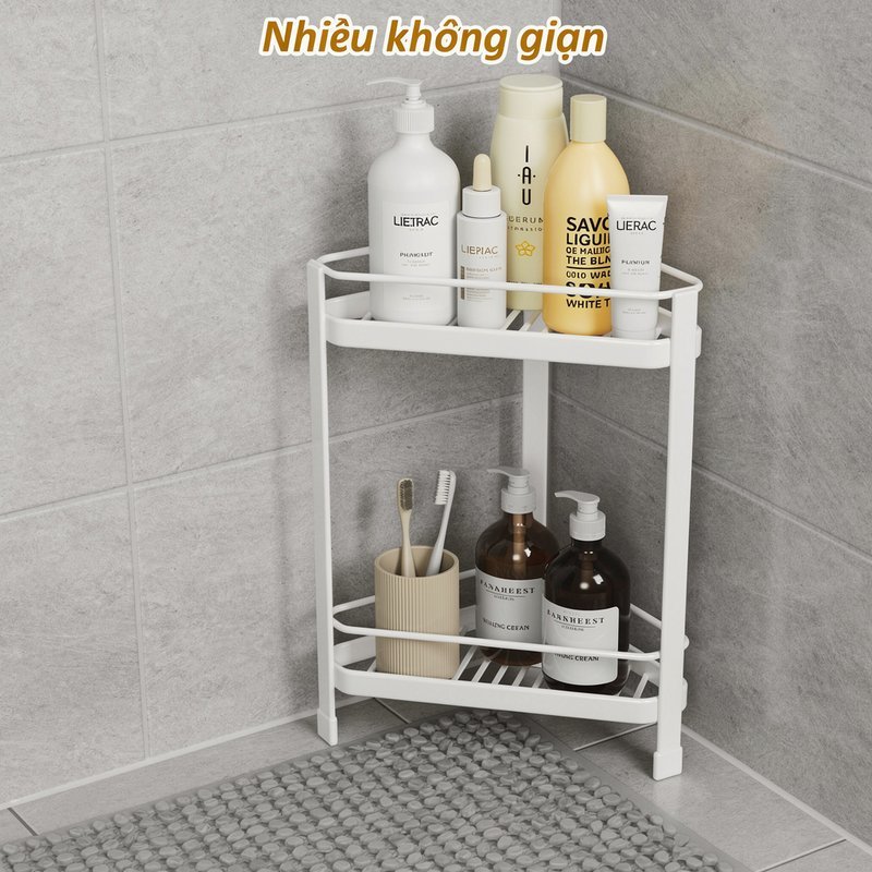 kệ góc nhà tắm 2 tầng tam giác đặt sàn chống gỉ thoát nước đựng dầu gội gia vị tiết kiệm