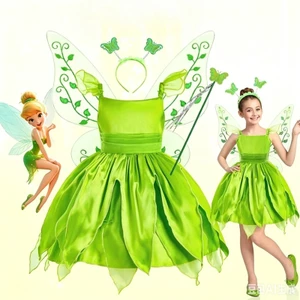 ✿ Bé Gái Tinker Chuông Cổ Tích Trang Phục Xanh Có Đôi Cánh Băng Đô & Cây Đũa Phép Cho Halloween Cosplay