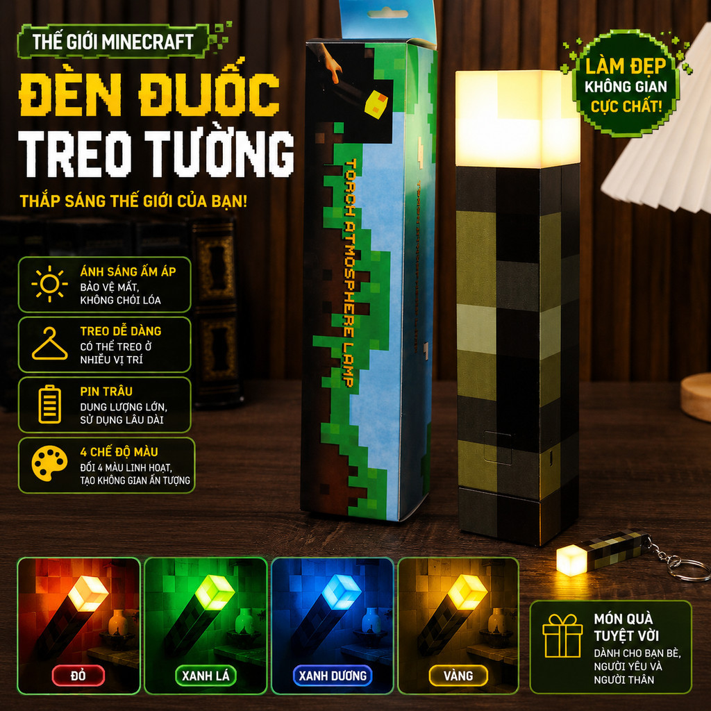 Đèn ngủ nhỏ phong cách Minecraft – Đèn đuốc sạc pin, 4 màu tuỳ chỉnh, đèn treo tường trang trí phòng ngủ, pin siêu trâu
