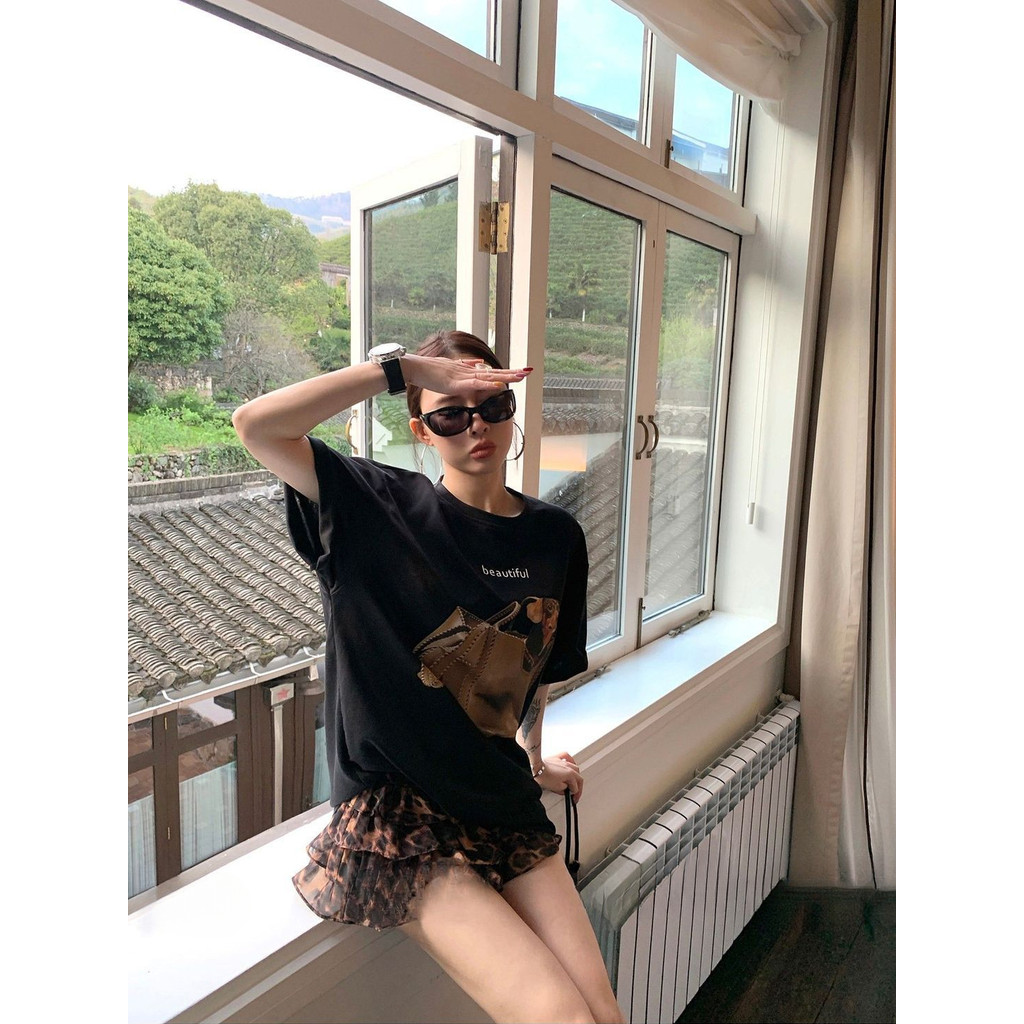 Milyfashion Phong Cách Hàn Quốc Puppy In Hình Vai Chính Hãng Rời Áo Thun Tay Ngắn Mùa Hè Phong Cách Mới Lười Tất Cả Trận Đấu Cotton Nguyên Chất Top oversize 76IS