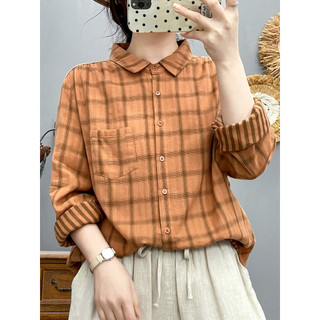 [Hàng có sẵn] Áo sơ mi nữ 100% Cotton chất lượng cao Kẻ sọc dài tay mềm mại thân thiện với da và thoáng khí Áo nhuộm hai mặt dáng rộng đa năng