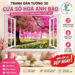 Tranh 3D Cửa Sổ Vườn Hoa Anh Đào – Trang Trí Phòng Ngủ, Phòng Khách Hiện Đại (DT09)