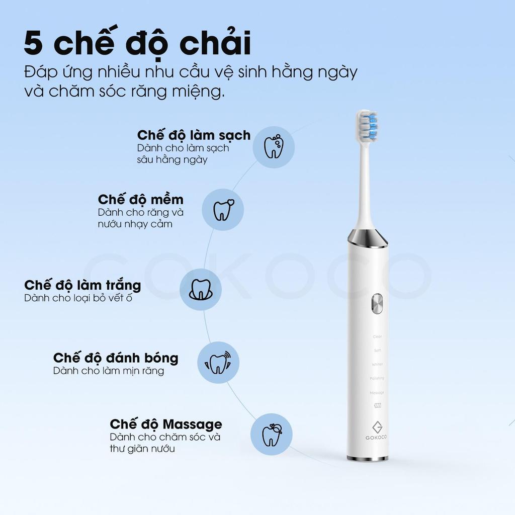 GOKOCO Bàn Chải Đánh Răng Điện Sóng Âm - 5 Chế Độ, Pin 45 Ngày, Chống Nước IPX7, Sạc USB Tiện Lợi | BigBuy360 - bigbuy360.vn
