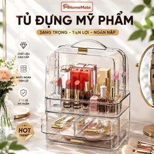 Tủ Đựng Mỹ Phẩm HomeMate Trong Suốt Acrylic Có Tay Cầm, Kệ Makeup Nhiều Ngăn Có Nắp Chống Bụi Cao Cấp