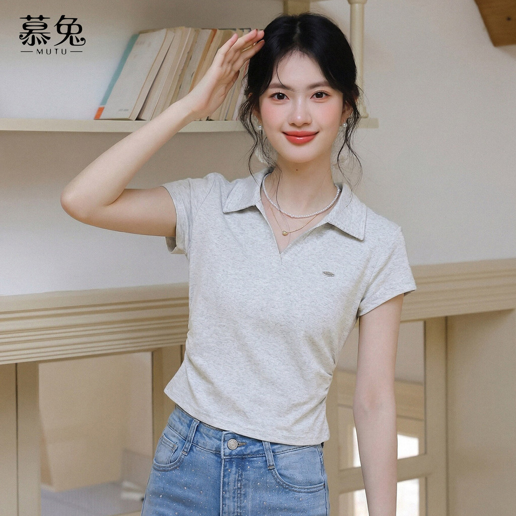 Mutu Phong Cách Hàn Quốc Màu Xám polo Cổ Áo Thun Tay Ngắn Phong Cách Mới Nữ Nhỏ Slim-Fit Ôm Hơn Nhìn Ngắn Top TU344