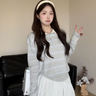 Áo len dài tay cổ bẻ phong cách retro dành cho nữ, kiểu dáng thanh lịch, kẻ sọc.