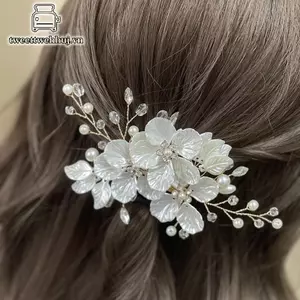 Tweeduj Pha Lê Ngọc Trai Hoa Kẹp Tóc Thanh Lịch Mũ Dành Cho Nữ Ngọc Quý Cô Dâu Cưới Phụ Kiện Tóc VN