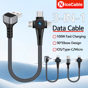 Cáp dữ liệu sạc Nylon 3 trong 1 PD100W Cáp dữ liệu sạc siêu nhanh với 90° Thiết kế khuỷu tay Cáp sạc điện thoại IOS / Type-C / Micro