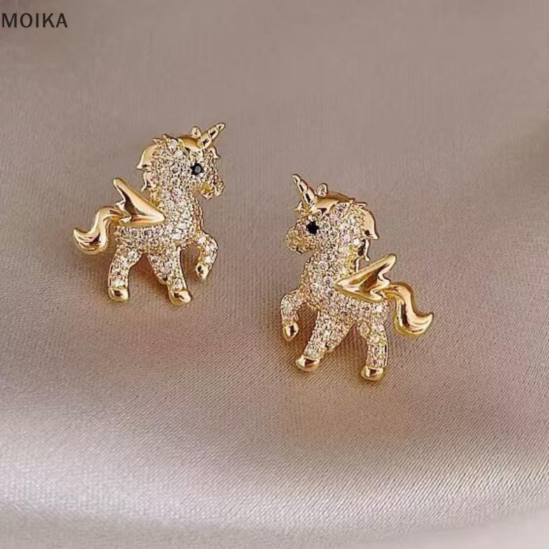MOIKA Mới Dễ Thương Động Vật Bông Tai Dành Cho Nữ Tính Khí Ngựa Kim Cương Giả Tai Bé Gái Sinh Nhật Trang Sức VN