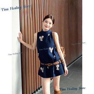 Bộ đồ phong cách Trung Quốc mới mùa xuân, gồm áo gile không tay bằng vải denim thêu và quần short