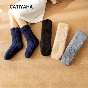 CATIYAHA 1 Đôi Tất Mùa Đông, Tất Cotton Dày Chống Lạnh, Dép Nhà Màu Trơn Vui Nhộn Bé Gái