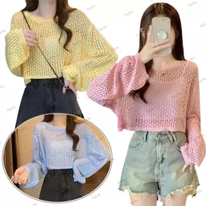 Áo thun ngắn tay PYCOU, mỏng dài tay chống nắng, Áo thun dệt kim rỗng ngọt ngào mùa hè