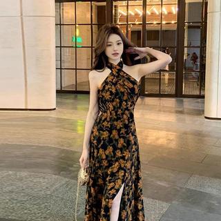 [Hàng mới về] [Sẵn sàng] Đầm dây phong cách ngày lễ cổ điển dành cho nữ Mùa hè Váy hông xẻ tà hoa kiểu Pháp
