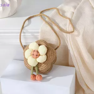 Túi cói SAIA, Túi đeo vai hoa dệt, Ví đựng tiền xu bằng rơm dễ thương cho bé gái trẻ em