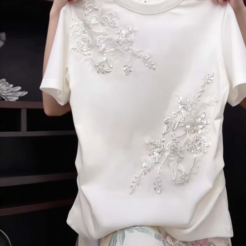 Áo thun ngắn tay thêu hoa đính sequin, thời trang mới mùa hè dành cho nữ, áo thường ngày và giảm béo