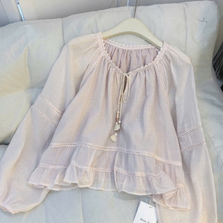 Áo Kiểu Babydoll Nữ Tay Dài Tay Phồng Cổ V Rút Dây Phối Ren Bèo Nhún Form Rộng Hàn Quốc