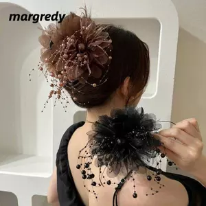 MARGREDY Nắm Kẹp, Vuốt Tóc Tua Rua Hoa Mẫu Đơn, Phụ Kiện Tóc Nhựa Thanh Lịch Nữ
