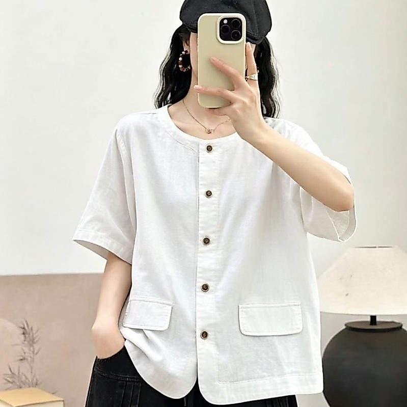 Áo Sơ Mi Nữ Cổ Đứng Tay Ngắn Màu Trơn Sợi Cotton Cao Cấp Túi Lớn