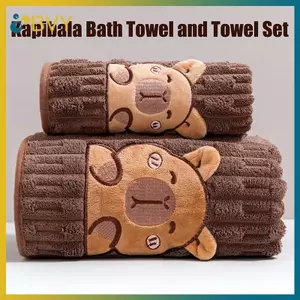 Bộ khăn tắm mặt Capybara dễ thương BVY 2-Pa, lông cừu san hô siêu mềm, khăn 34x74 inch và khăn tắm 70x140 inch, siêu thấm và khô.