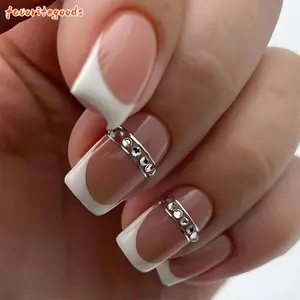 FAVORITEGOODS Móng tay giả, Núm vú giả pha lê viền trắng kiểu Pháp, Thời trang có thể tháo rời hình vuông dài Aurora Gradient Press on Nails Women Girls
