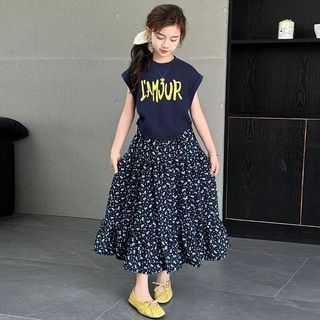 Bộ váy bé gái mùa hè phong cách Hàn Quốc - Áo tay ngắn phối chân váy hoa nhí dài thời trang