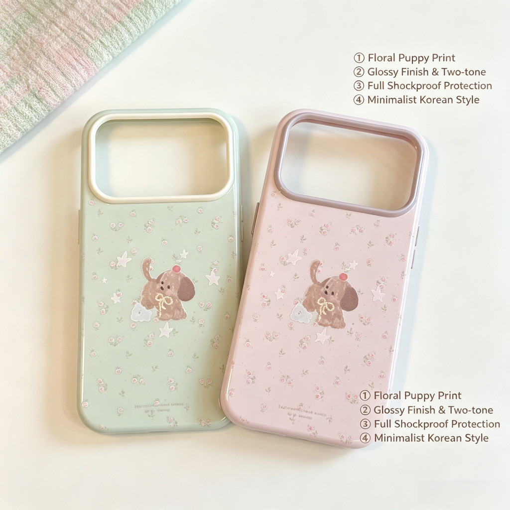 Ốp lưng iPhone họa tiết chú chó con hoa phù hợp cho iPhone 17 Pro Max, 16, 15, 14, iPhone 13 làm vỏ bảo vệ chống rơi. OIBK