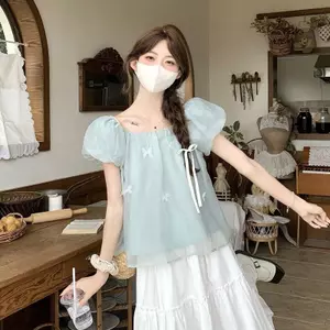 Áo voan tay phồng trắng dành cho nữ Áo sơ mi trẻ em kiểu Pháp mùa hè Áo sơ mi ngắn eo Áo sơ mi nhỏ ôm sát hơn Áo sơ mi ngắn tay bằng thịt