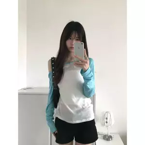 Áo thun dài tay mỏng đeo vai màu tương phản Áo thun nữ mùa hè phong cách Hàn Quốc lười biếng phong cách thường ngày Slim @