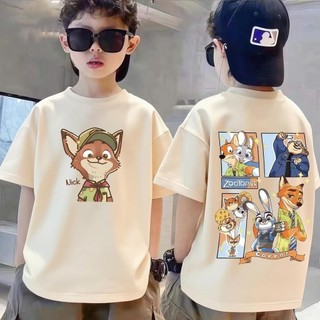 Áo Thun Trẻ Em Bé Trai Gái In Zootopia Nick & Judy, Áo Bông Ngắn Tay Hè Phong Cách Hoạt Hình Size 3-12 Tuổi COD