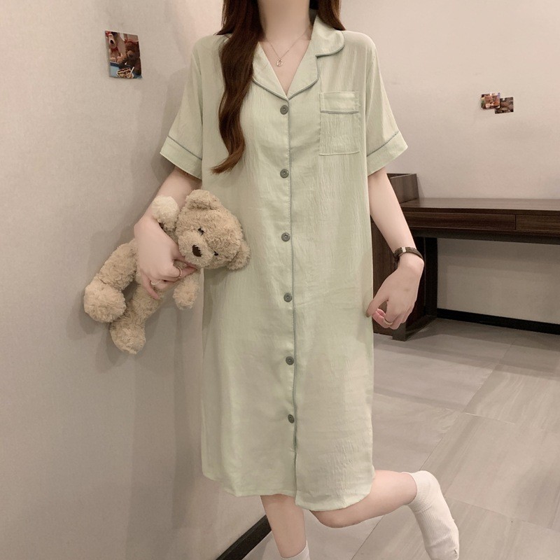 Phong Cách Mới Ngoại Thương Mây Cotton Mùa Hè Nữ Màu Trơn Áo Sơ Mi Váy Ngủ Rời Gợi Cảm Tay Ngắn Bộ Đồ Ngủ Nhà