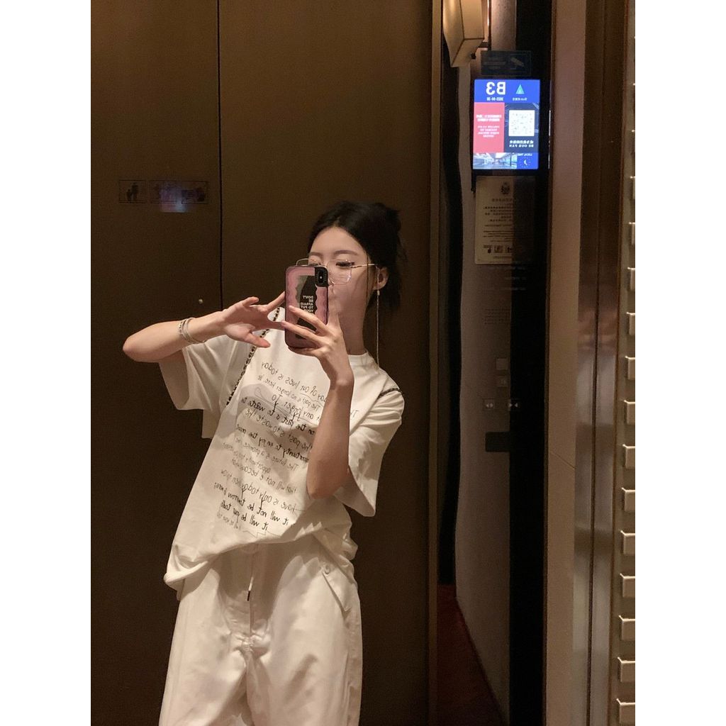 Milyfashion Cotton Nguyên Chất Thắt Lưng In Chữ Ngắn Tay Áo Thun Nữ Mùa Hè Thiết Kế Cẩn Thận Rời Thường Ngày Nửa Tay Top