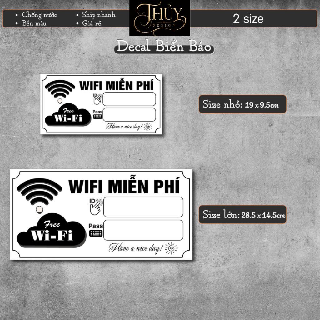 Decal Bóc Dán Biển Báo Wifi chống nước dán trang trí tường, dán quán trà sữa, cà phê, quán ăn