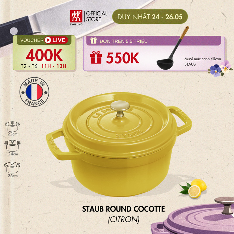 Nồi gang STAUB La Cocotte màu Citron (22cm/24cm) dáng tròn - Xuất