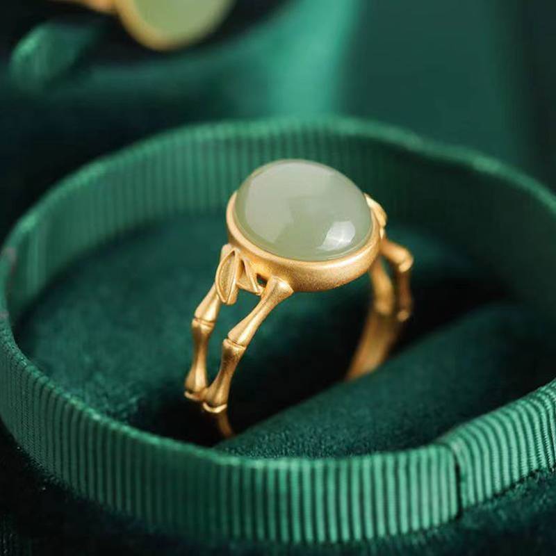 Nhẫn tre ngọc bích Hotan xanh dát vàng Eshylala, trang sức cổ điển có thể điều chỉnh, thanh lịch [MỚI]