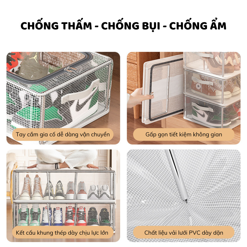 Hộp Đựng Giày HomeMate Gấp Gọn Trong Suốt Có Khóa Kéo, Tủ Đựng Giày Vải PVC Khung Thép Chống Ẩm Mốc
