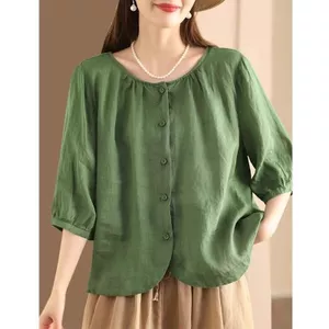 Vải Lanh Cotton Màu Trơn Đơn Giản Cổ Tròn Áo Sơ Mi Rời Nữ Phù Hợp Với Độ Tuổi Giảm Sang Trọng Cardigan Top 5.26