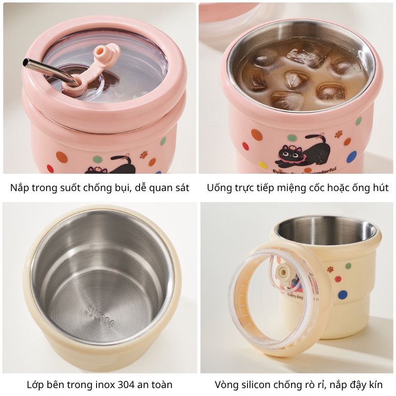 Cốc Uống Nước Inox 304 420ml KOOBEE - Ly 2 Lớp Kèm Ống Hút, Nắp Chống Tràn, Dùng Văn Phòng, Cho Bé| 390