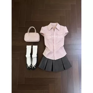 Áo sơ mi JK Mỹ Hàn Quốc Áo sơ mi ngắn tay màu hồng sọc ngắn mùa hè Áo sơ mi bỏ túi Slim-Fit eo hẹp Hot Girl Slimm