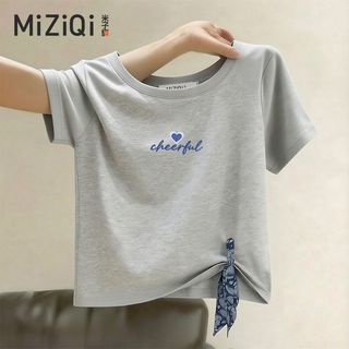 【MIZIQI]】áo kiểu nữ Khăn lụa phong cách mới có dây xếp ly ngắn nữ, Áo nữ ngắn tay cổ tròn đơn giản