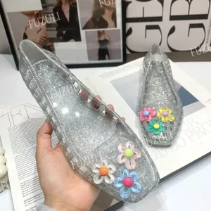 Hàn Quốc Thạch Giày Nữ Thời Trang Hoa Phụ Kiện Giày Pha Lê Phẳng Mũi Vuông Nông Miệng Giày Lười Lỗ Giày