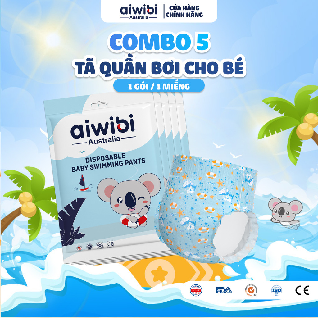 [Combo 5] Tã/Bỉm Quần Bơi Cao Cấp Aiwibi 1 Miếng/Gói, Nhiều Size M/L/XL/XXL/XXXL