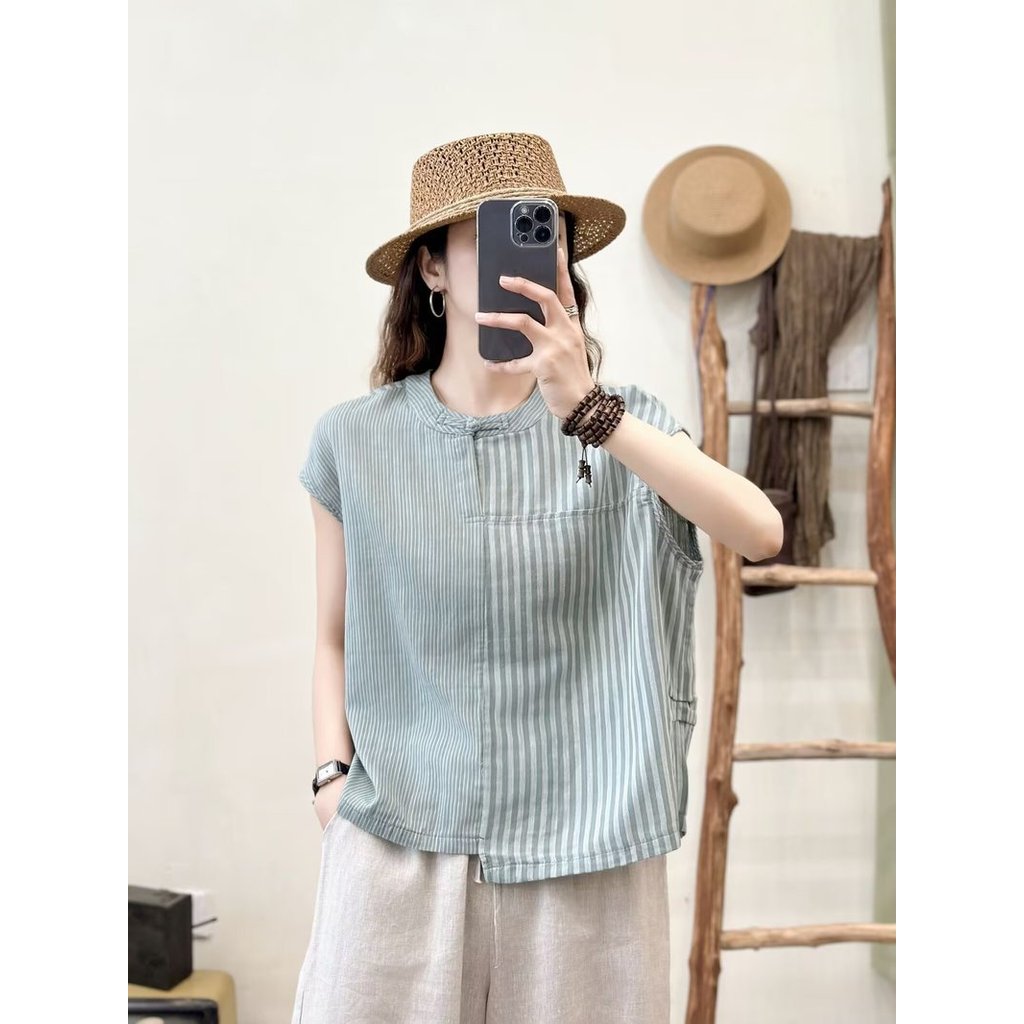 [Hàng có sẵn] Áo sơ mi nữ Cotton chất lượng cao Khâu sọc, Áo chui đầu viền không đều, Tay ngắn