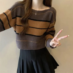Áo len dệt kim VN, Dễ thương gợi cảm, Thiết kế co giãn hai chiều, Phong cách lười biếng, Tay dài, Phong cách nữ, Sản phẩm mới mùa thu, Áo chui đầu màu tương phản, Tùy chọn dáng rộng và bó sát, Áo ngắn.