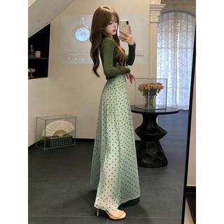 [Mặc nhỏ dễ thương] Đầm chấm bi màu xanh lá cây phong cách Pháp cỡ lớn dành cho nữ mùa hè Váy dài eo hẹp cao cấp Bộ đồ hai mảnh