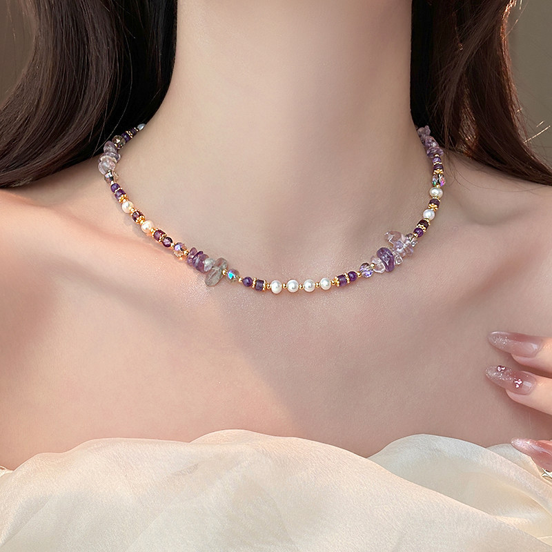 Vòng cổ pha lê tím ngọc trai sang trọng nhẹ nhàng