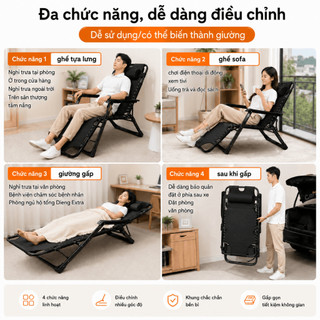 Ghế Thư Giãn Ghế Lười Ghế Bố Xếp Gấp Gọn 180° Kèm Nệm Cao Cấp Và Gối, Ghế Ngủ Trưa Văn Phòng Chịu Lực 200KG