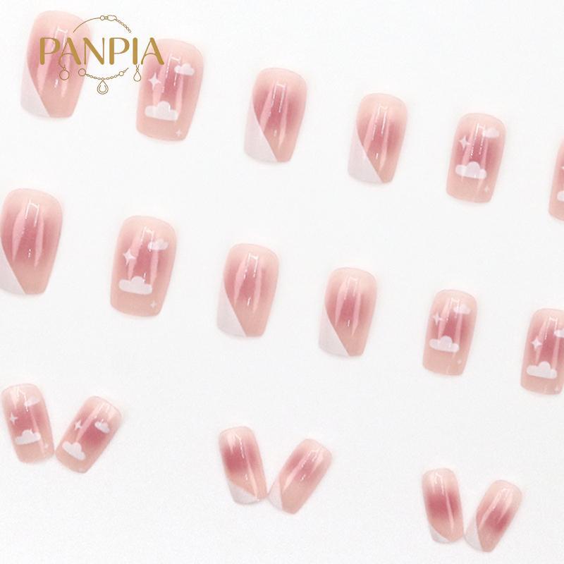 PNPIA- 24 Chiếc Đám Mây Pháp Ngôi Sao Đầu Vuông Ngắn Bấm Vào Móng Tay Giả Có Thạch Dính Thiết Kế Lấp Lánh Móng Tay Giả Có Thể Tháo Rời